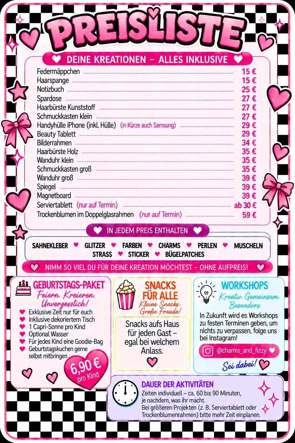 Preisliste von Charms & Fizzy: alle Kreationen vom Federmäppchen für 15 € bis zum Trockenblumen-Doppelglasrahmen für 59 €, Material inklusive