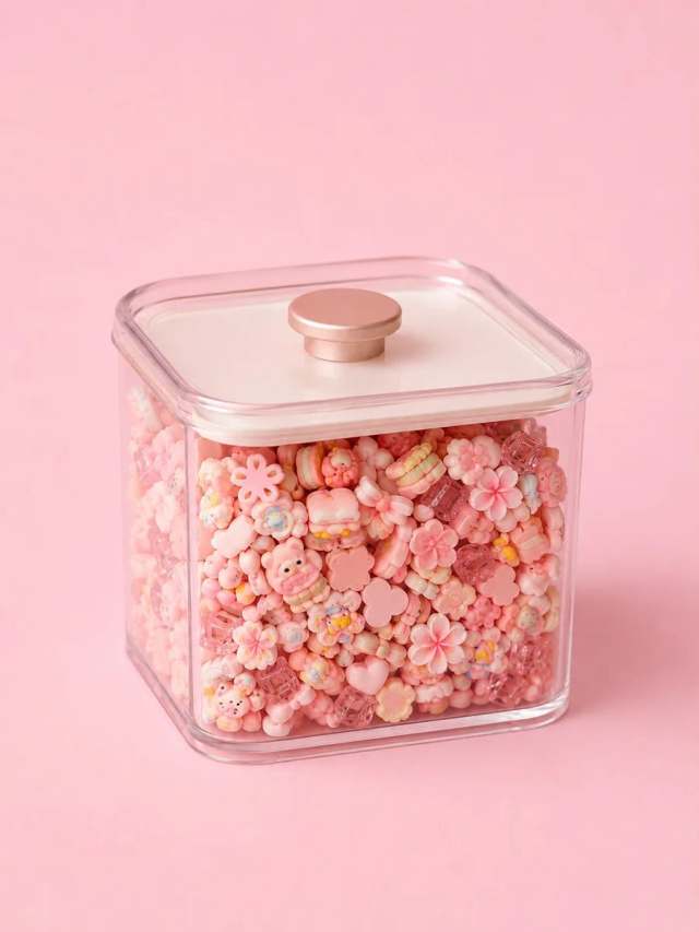 Vorratsdose voller rosa Charms und Cabochons – ein Teil der Materialauswahl im Studio