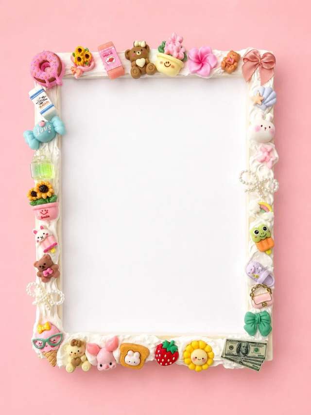 Bilderrahmen im Decoden-Look mit weißer Sahne, Donut-, Bären- und Blumen-Charms rundherum