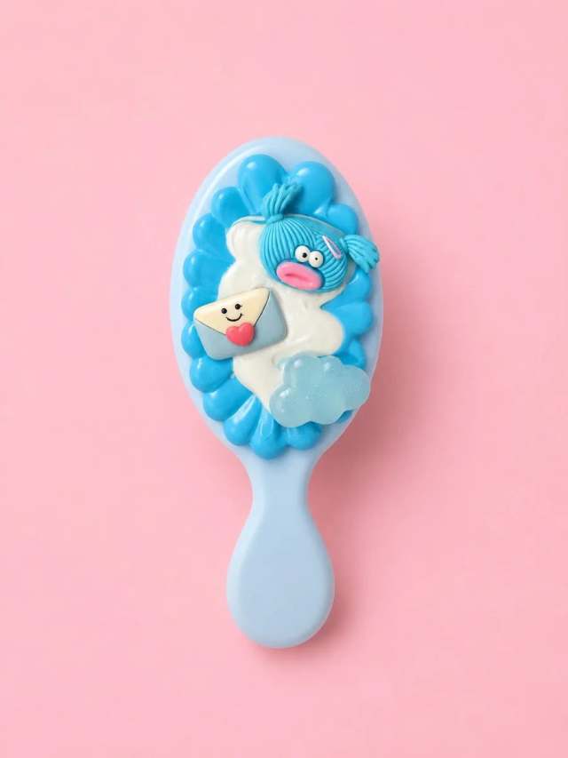 Hellblaue Haarbürste im Decoden-Look mit blauer Sahne, Wolken-Charm und lachendem Brief