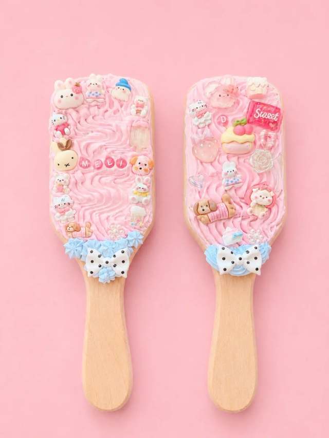 Zwei Paddle-Haarbürsten im Decoden-Look mit rosa Sahne, Hasen-Charms und Namen aus Buchstabenperlen