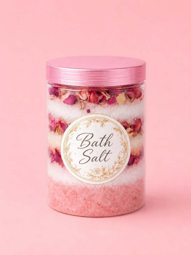 Selbst gemischtes Badesalz im Glas, in rosa-weißen Schichten mit getrockneten Rosenblüten